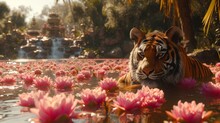 A Tiger In A Body Of Water Surrounded By Pink Water Lilies With A Waterfall And Waterfall In The Background.