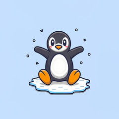 Wall Mural - Flat Logo of Playful Penguin Sliding on Ice Cartoon.