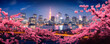 Panoramic landscape of nighttime Tokyo with sakura branches shrouded in the warm light of sunset. Japanese spring flower festival Hanami. Nature and architecture. Cherry blossom