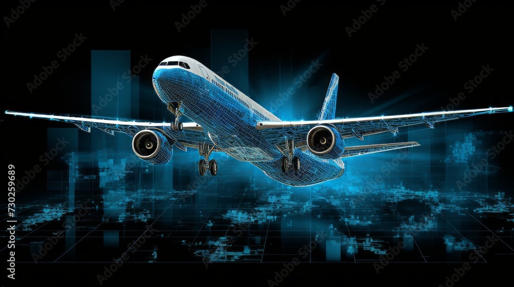 Abstract airliner constructed with dots. Outline wireframe glowing ...
