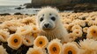 a close up of a baby seal in a field of flowers with a body of water and a cliff in the background.