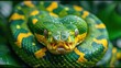 a close up of a green and yellow snake with its mouth open and it's tongue out and eyes wide open.