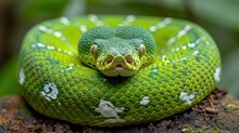 A Close Up Of A Green Snake On A Tree Branch With Leaves In The Background And A Blurry Background.