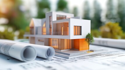 Wall Mural - 3d rendering project of new building model house on blueprint plan