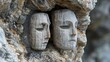a close up of two carved faces on a rock face on a rock face on a rock face on a rock face on a rock face on a rock face on a rock face on a rock face on a rock.