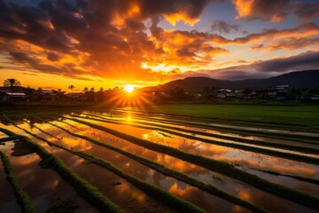 Sticker - Paddy field transformed into a breathtaking golden expanse during sunset