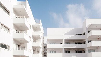 Poster - Modern apartment building with blue glass windows in a residential district generated by AI