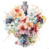 Fototapeta Kwiaty - An enchanting watercolor cross decorated with vibrant spring blossoms