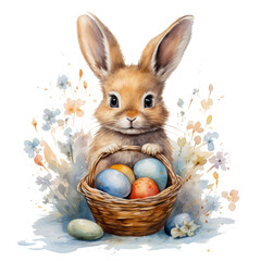 Wall Mural - An adorable watercolor bunny, holding a basket of painted eggs, isolated