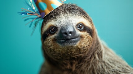 Wall Mural - Sloth with birthday hat generative ai