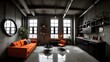 © indofootage - Industrial Oasis: Loft-Style Studio Apartment with Urban Chic Aesthetic in Concrete Gray, Rusty Orange, and Matte Black Cabinet