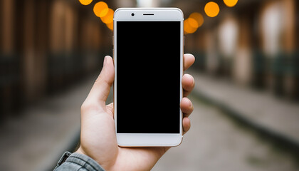 Poster - Young adult holding smart phone, texting in illuminated city at night generated by AI