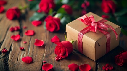 Valentines day card with gift box and rose flowers generative ai