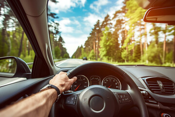 Man hands of car driver on steering wheel for road trip on highway road.