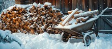 Winter Preparation: Firewood Stacked In Wheelbarrow At Cabin.
