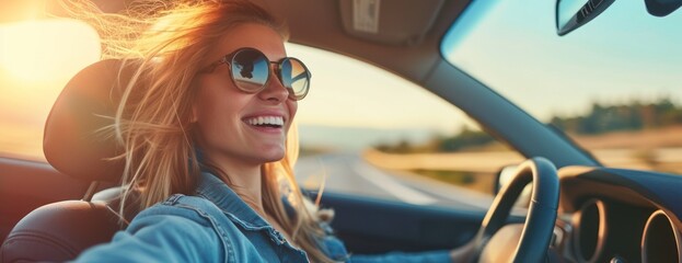 smiling woman driving a car young traveler driving car travel lifestyle concept 