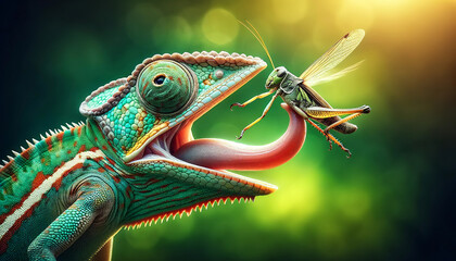 Wall Mural - Highly detailed of a chameleon catching a grasshopper with its tongue,in soft focus against a green natural background,showing the interaction between predator and prey.Behavior concept. AI generated.