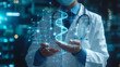 © garpinina - Tecnologia medica. Medico con tra le mani ologramma di dna di paziente,  cartella clinica elettronica. Sanità digitale e globale su schermo virtuale ologramma, tecnologia sanità