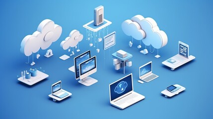 Wall Mural - isometric computer and technology equipment icons on white and blue background - creative banner for