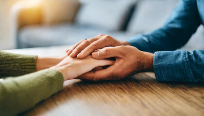 two people, hands intertwined, conveying comfort and support indoors