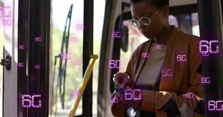 Poster - Animation of 6g text over happy diverse women getting off bus