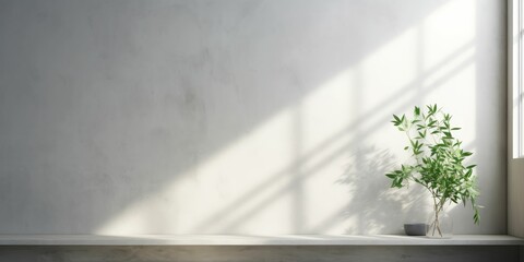 Wall Mural - A Minimal abstract background for product presentation. The light and shadow of leaves shining through the window on the gray cement wall, the empty room