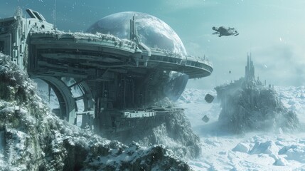 a futuristic space station sprawls across a harsh icy landscape, with a spacecraft approaching under