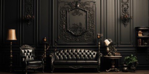 Black room interior with a vintage sofa, chandelier, mirror