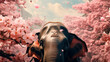 © stateronz - An ornate elephant stands amidst cherry blossoms, a powerful symbol of strength and gentleness in a fantastic setting. Indian festivals and culture.