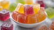 A colorful bowl of cubed jelly cubes