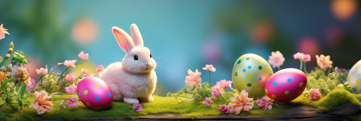 Wall Mural - Bunny with Easter eggs and spring flowers banner. Panoramic web header. Wide screen wallpaper
