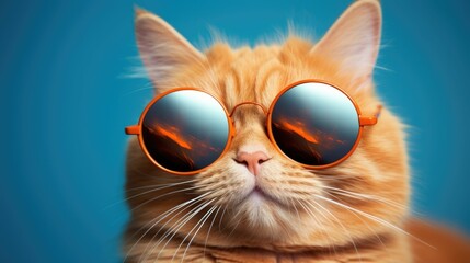 Wall Mural - closeup portrait on funny ginger cat wearing sunglasses 