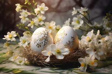 Wall Mural - Two white and golden ornate Easter eggs in nest with spring flowers. Easter greeting card