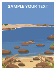 Wall Mural - vector poster with a river view with rocks. Travel concept. Flat design template of travel poster, book cover, card, postcard, invitation, print.
