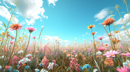 Wall Mural - an open field of wild flowers with blue sky near it i