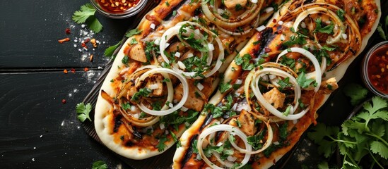 Canvas Print - Grilled chicken flatbreads with onions and cilantro.