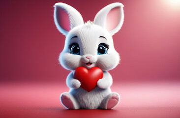 Wall Mural - Beautiful small and cute bunny holding a heart. Love. Valentine's Day. 