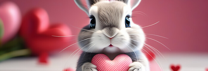 Wall Mural - Beautiful small and cute bunny holding a heart. Love. Valentine's Day. 