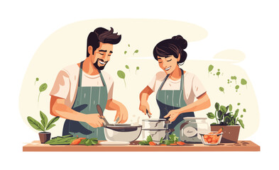 Joyful Couple Cooking Together isolated vector style on isolated background illustration