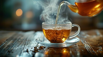 Wall Mural - A rustic teapot pouring hot herbal tea into a glass cup, steam rising gracefully