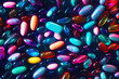 Background with pills and capsules in neon blue and purple colors. Medical drug or dietary supplement concept