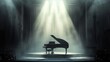 A theatrical stage set with a majestic grand piano positioned center stage, bathed in warm stage lights against a stark white backdrop