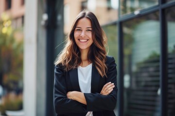 business woman standing outside the office, portrait of a smiling cheerful businesswoman