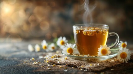 Wall Mural - A steaming cup of aromatic chamomile tea with honey and a sprinkle of dried chamomile flowers