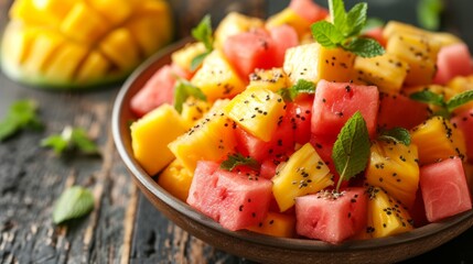 Wall Mural - A tropical fruit salad featuring juicy watermelon, pineapple, and mango with a hint of mint