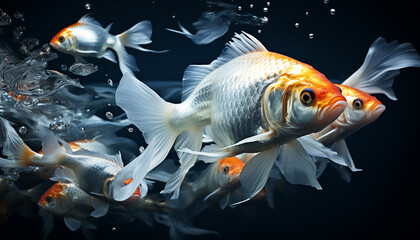 Wall Mural - Swimming goldfish in blue water, nature beauty in motion generated by AI