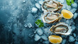 Fresh oysters on ice with lemon, top view, background