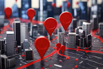 City destination pinpointed. Red map pin in cityscape with network connection, illustrating destination and connectivity concept.