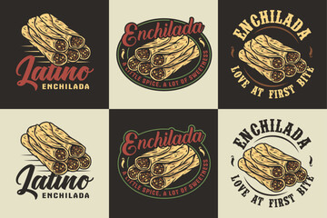 Wall Mural - Mexican enchilada set vector with meat and rolled tortilla for logo or emblem. Latin traditional enchiladas collection for restaurant or cafe of Mexico fast food