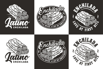 Wall Mural - Monochrome mexican enchilada set vector with meat and rolled tortilla for logo or emblem. Latin traditional enchiladas collection for restaurant or cafe of Mexico fast food